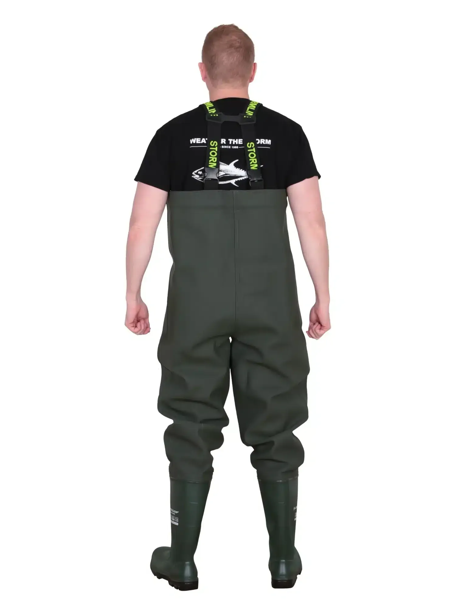 Stormtide W665ST heavy duty industrial chest waders with steel toe safety boots person back view