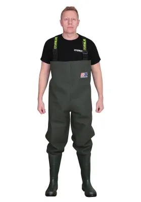 Stormtide W665ST heavy duty industrial chest waders with steel toe safety boots person front view