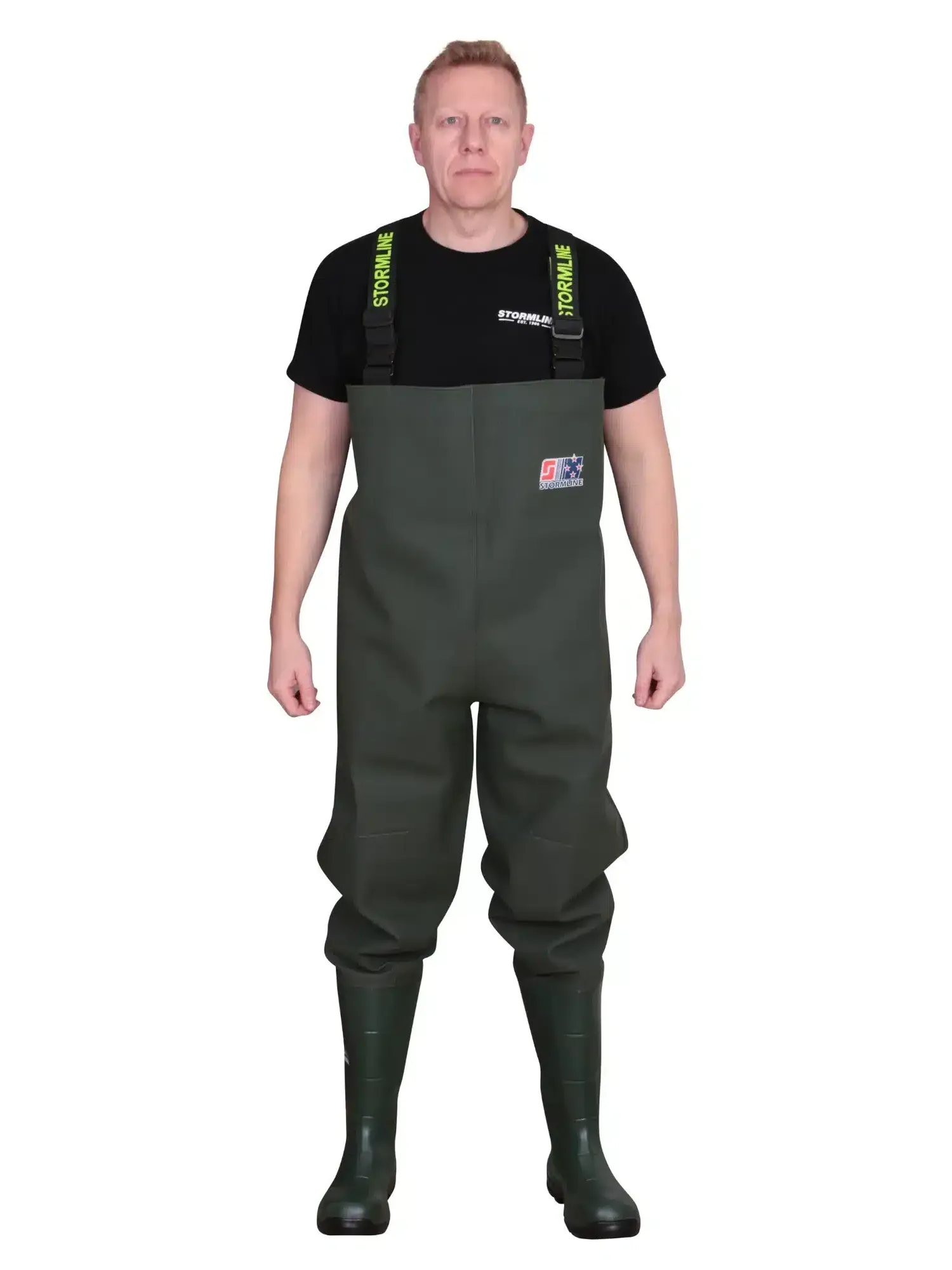Stormtide W665ST heavy duty industrial chest waders with steel toe safety boots person front view