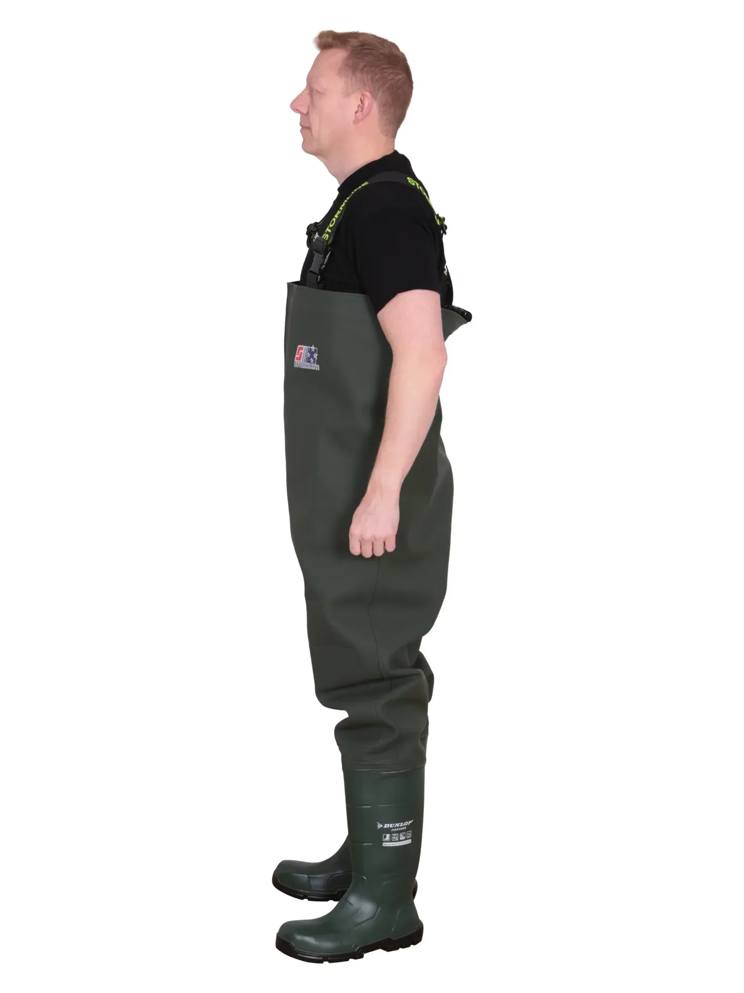 Stormtide W665ST heavy duty industrial chest waders with steel toe safety boots person side view