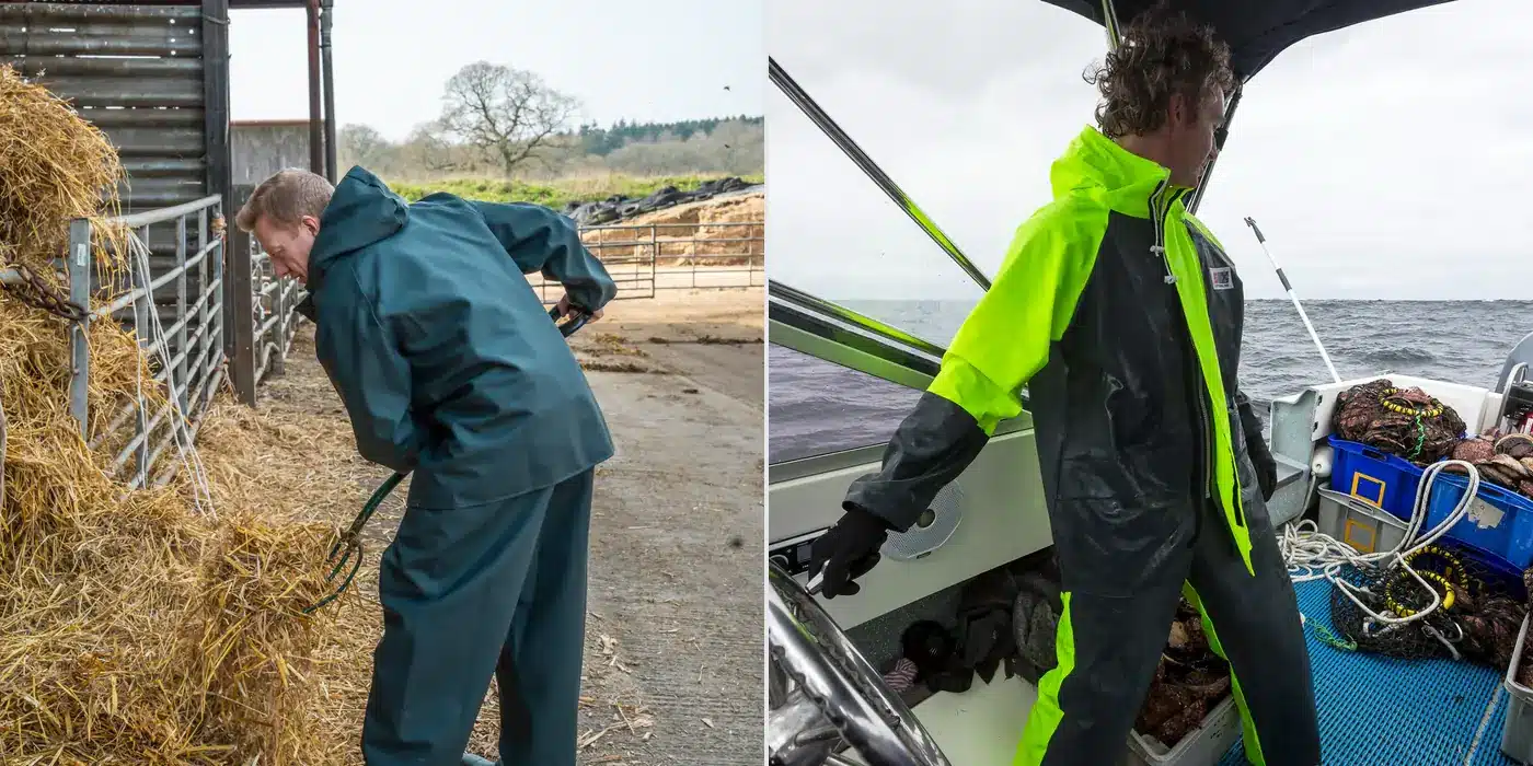 Side-by-side comparison of Stormtex-Air farming waterproofs and heavy-duty Stormtex commercial fishing rain gear.