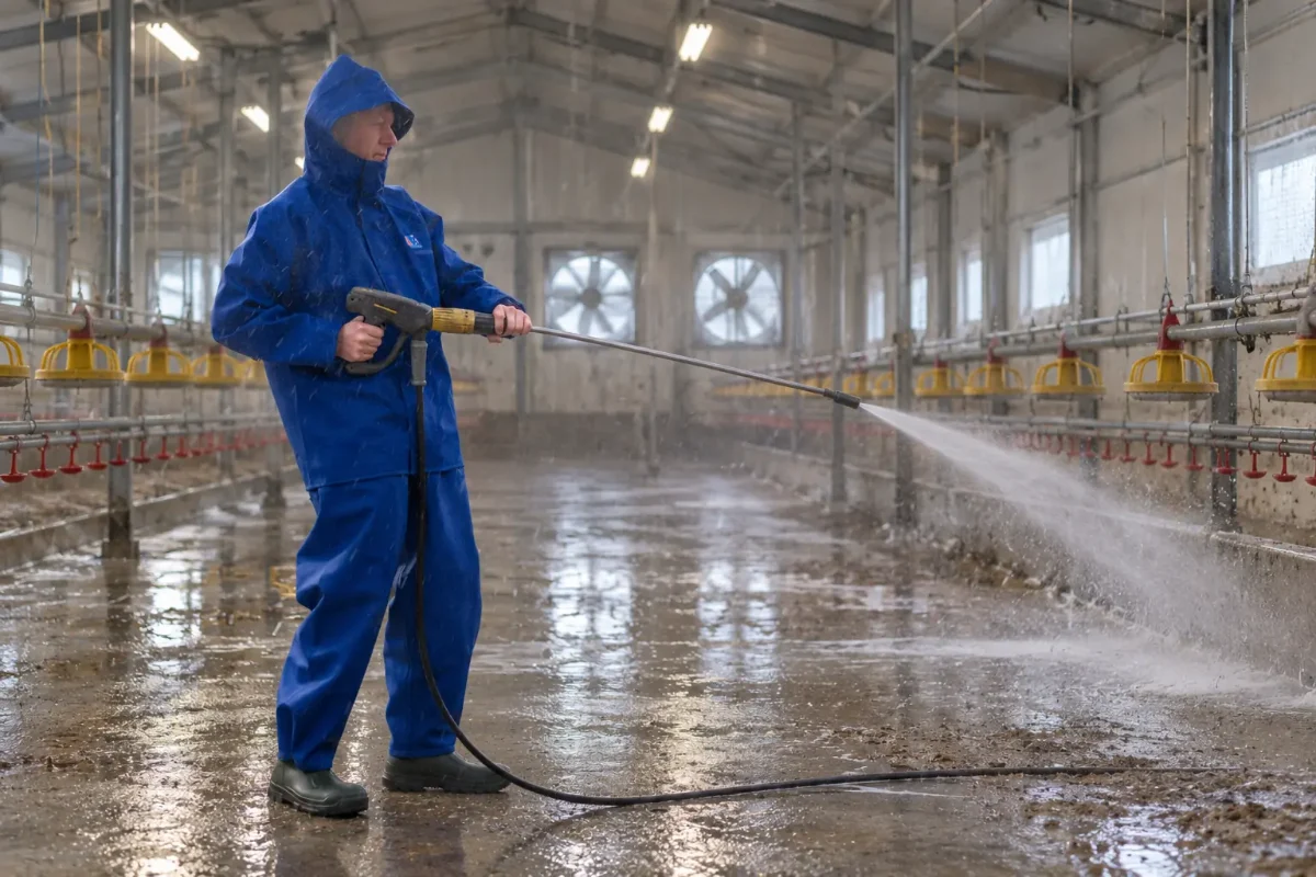 Poultry worker wearing a blue Stormtex 248B waterproof jacket and 669B bib-and-brace while pressure-washing a commercial poultry shed.