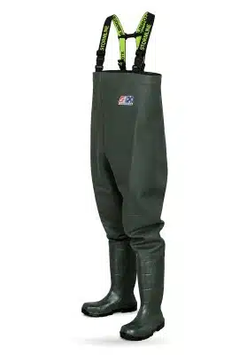 Stormtide W665ST 1100gsm heavy-duty industrial chest waders with steel toe boots – three-quarter view