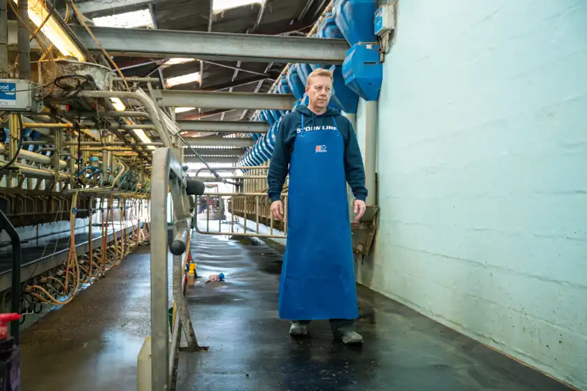 Dairy worker wearing a Stormline 999HWST heavy-duty PVC dairy apron with cross-back straps in a milking parlour
